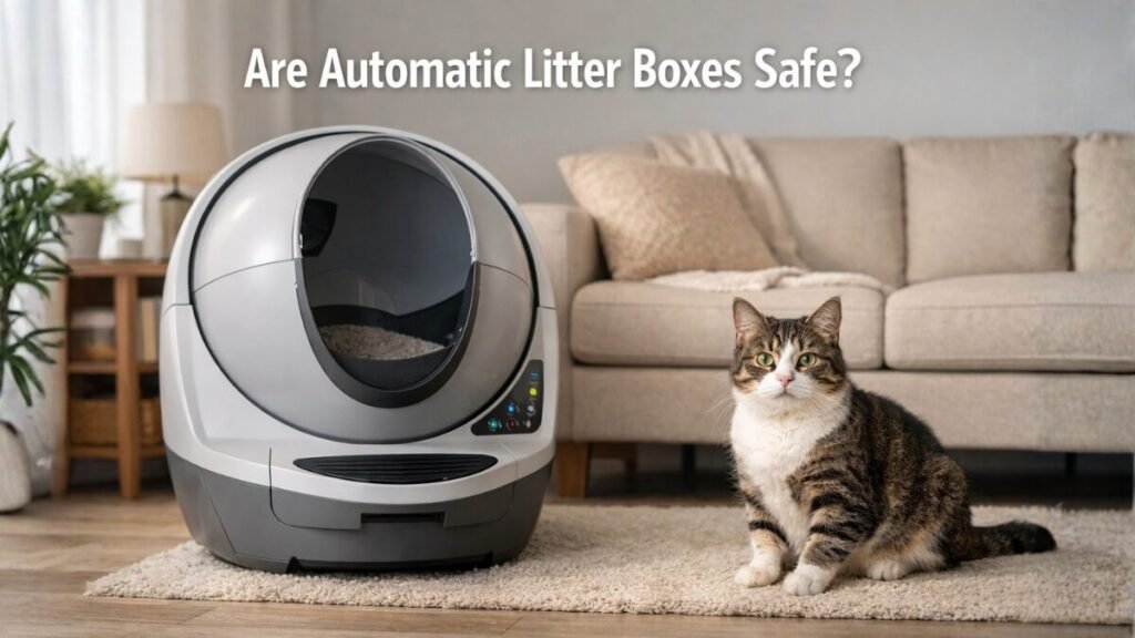 “automatic litter box in a clean home with a calm cat nearby showing a safe self-cleaning litter system”
