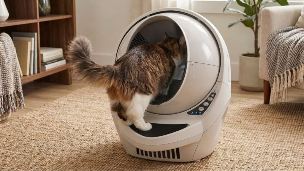 cat entering automatic litter box litter robot 3 in home environment