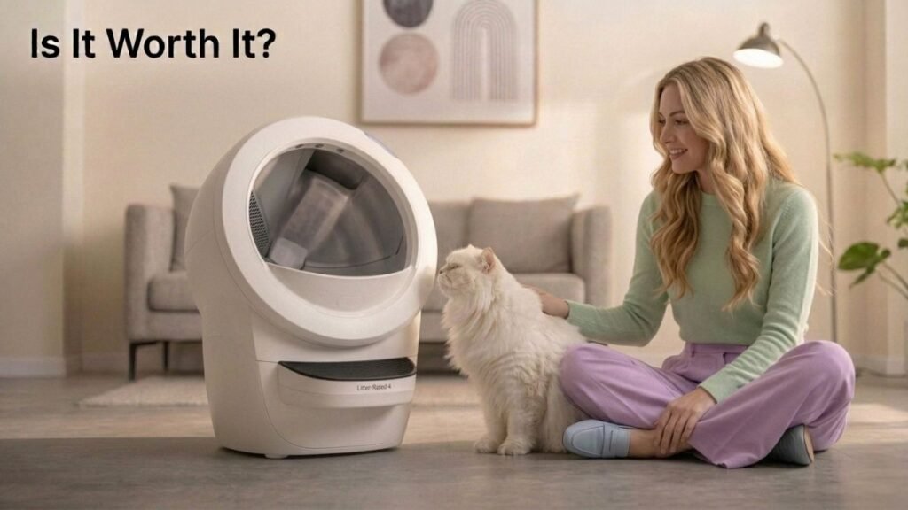 Woman sitting on the floor petting a cat next to an automatic self-cleaning litter box in a modern living room, representing convenience and pet care.