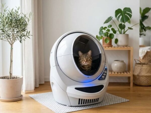 Cat using an automatic litter box safely in a clean modern home