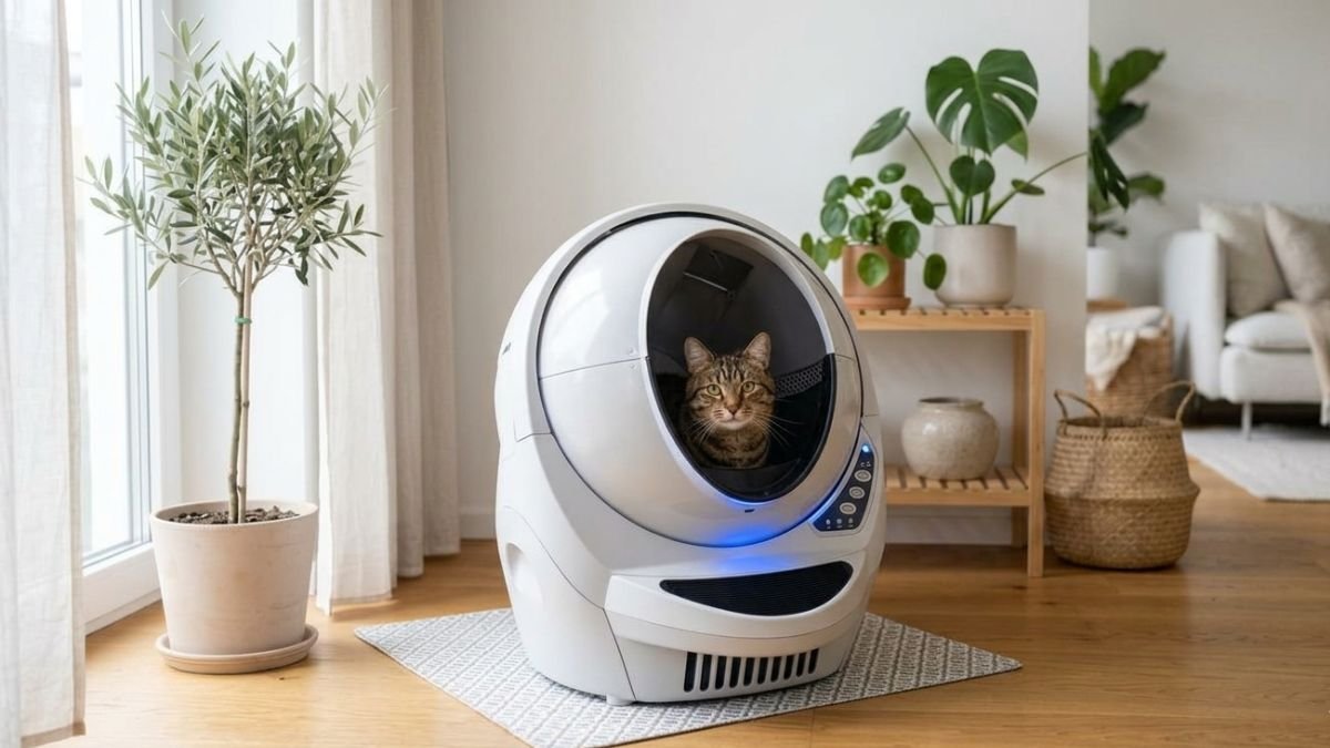 Cat using an automatic litter box safely in a clean modern home