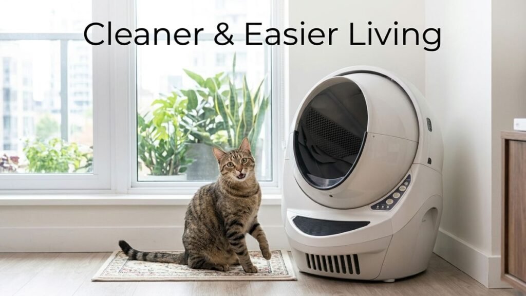 Cat sitting next to an automatic self-cleaning litter box in a clean home environment showing convenience and easy living