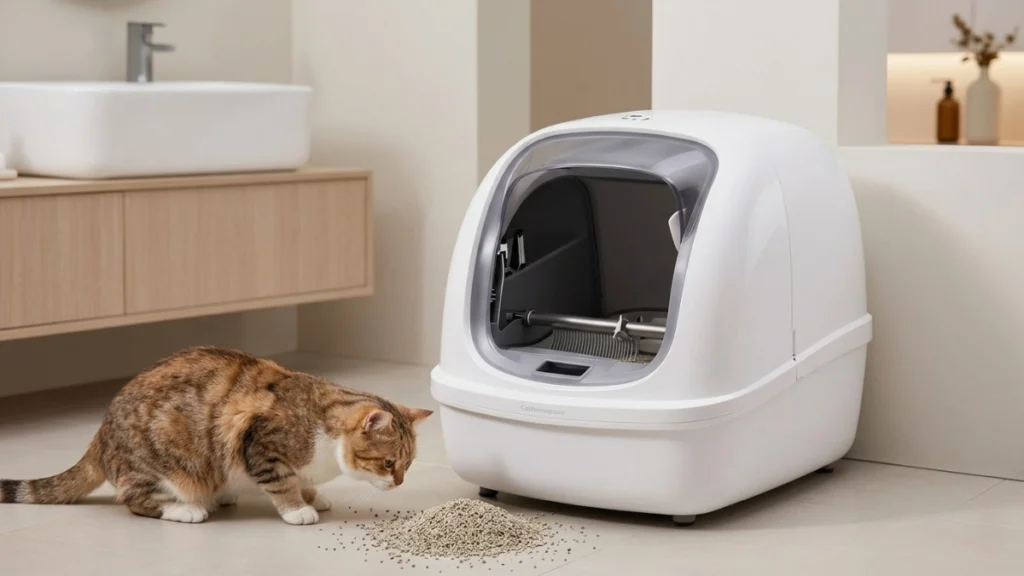 How Do Automatic Litter Boxes Work? Complete Guide to Self-Cleaning Systems (2026) 2 "A modern white automatic self-cleaning litter box placed against a bathroom wall, with a ginger and white tabby cat on the floor looking at a small pile of litter in front of the device."