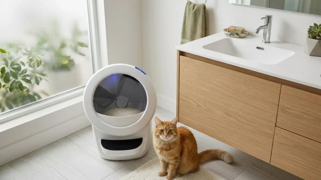 automatic litter box in modern bathroom with cat sitting nearby
