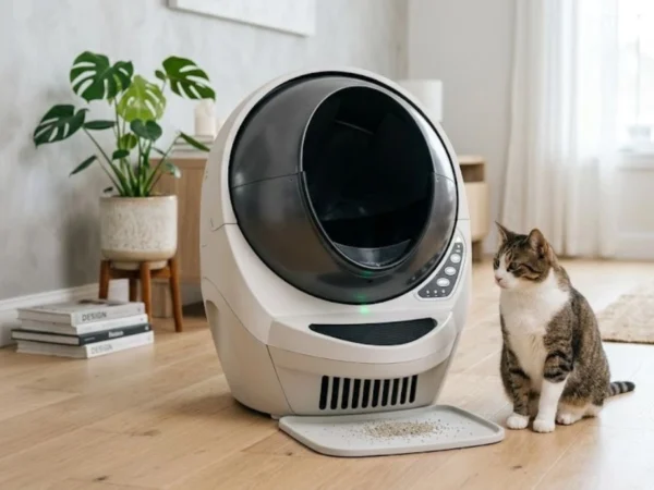 modern automatic litter box with cat in clean home environment