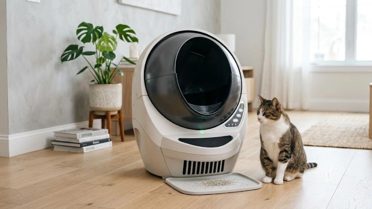 modern automatic litter box with cat in clean home environment