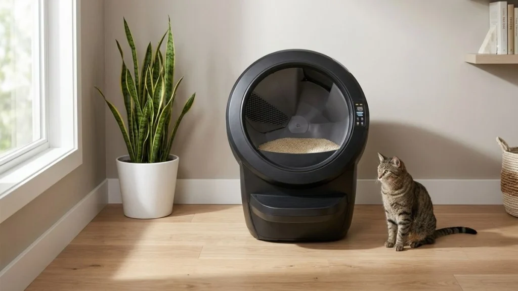 automatic litter box with enclosed design showing odor control system in home environment