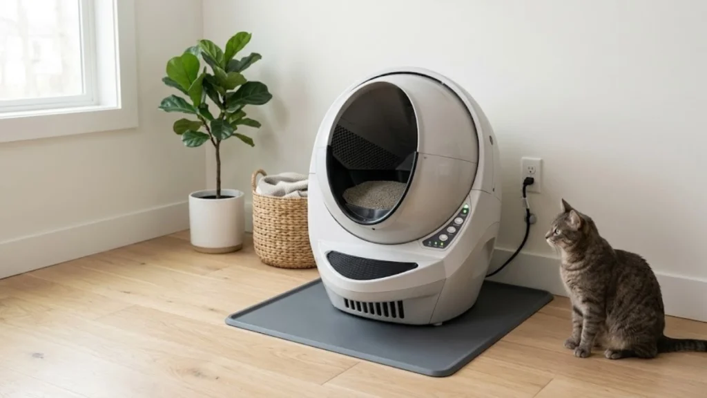 automatic litter box setup in home environment with cat and proper placement