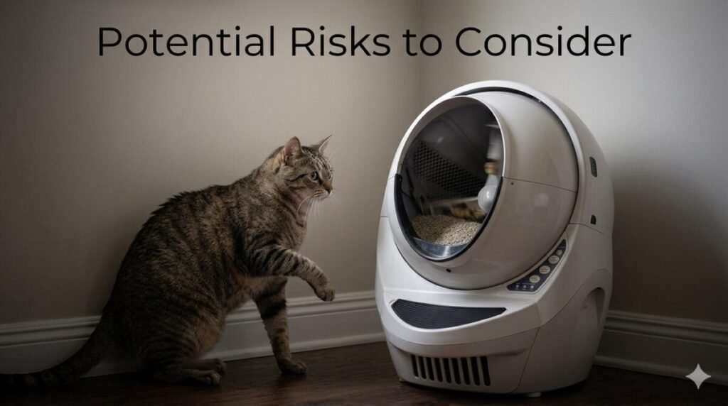 Cat hesitating near an automatic self-cleaning litter box highlighting potential safety risks and concerns