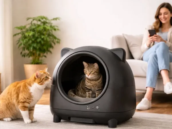 "A black, smart automatic litter box designed for multiple cats, with one cat using it while another watches, demonstrating its heavy-duty performance for multi-cat households in a modern living room."
