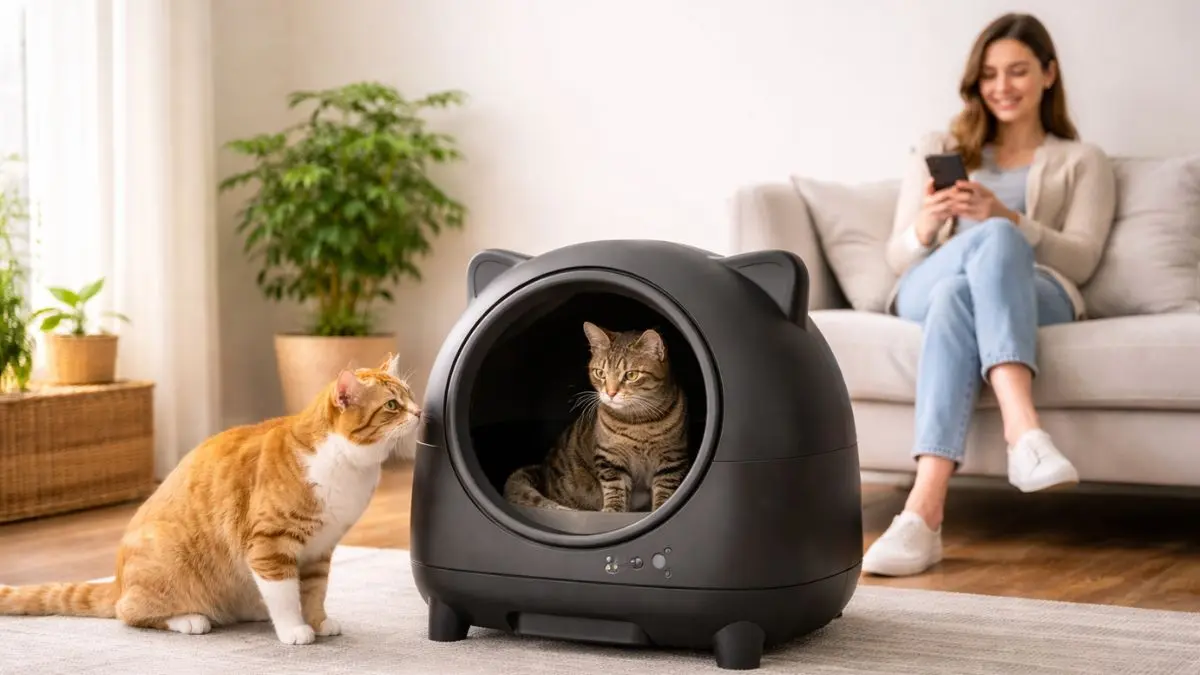 Best Automatic Litter Box for Multiple Cats (2026): Top Picks That Actually Handle Heavy Use 1 "A black, smart automatic litter box designed for multiple cats, with one cat using it while another watches, demonstrating its heavy-duty performance for multi-cat households in a modern living room."