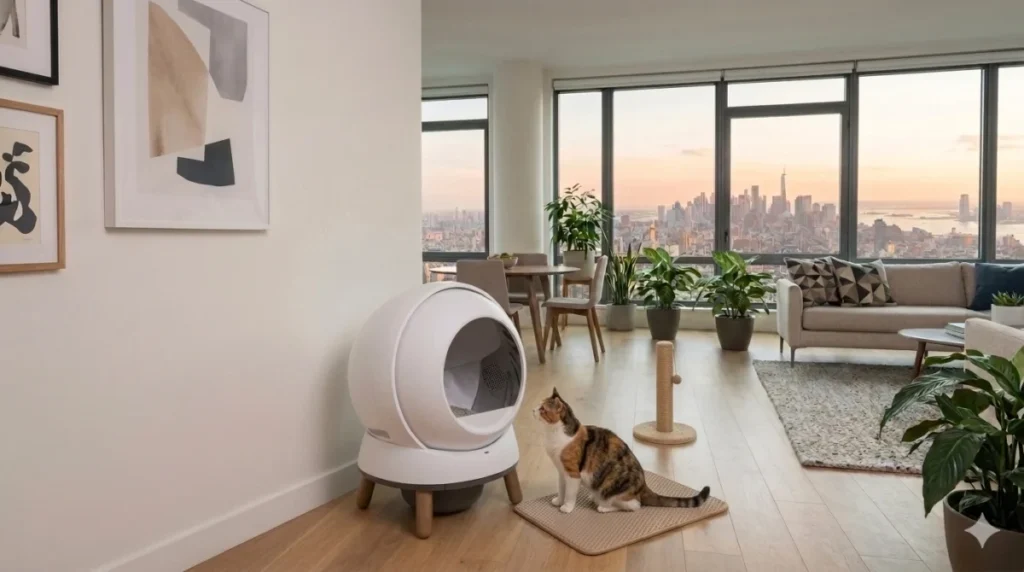 Best Automatic Litter Box for Large Cats (2026): Top Picks That Actually Fit Big Breeds 7 "A calico cat sitting on a beige mat, looking at a sleek, futuristic spherical automatic litter box in a high-rise luxury apartment. Behind it, a dining table, potted plants, and a sofa. Large floor-to-ceiling windows show a stunning panoramic view of a city skyline at sunset. Modern art hangs on the white wall to the left."