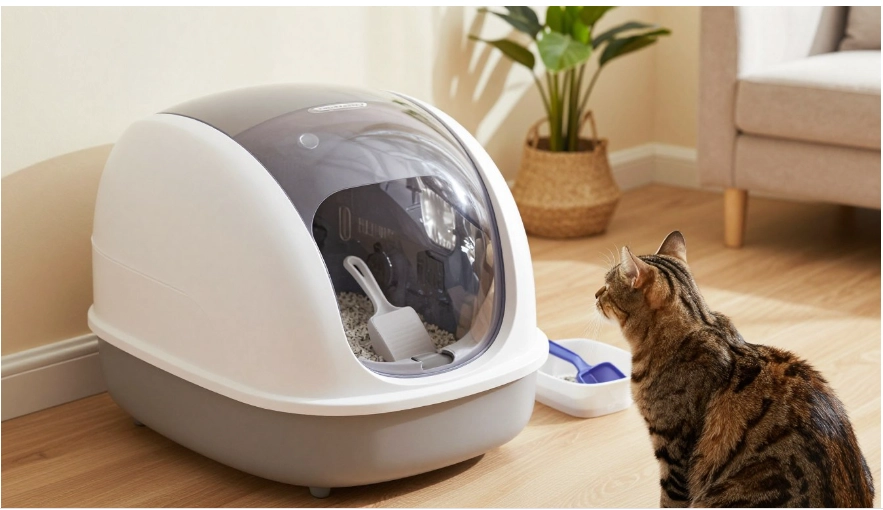 How Do Automatic Litter Boxes Work? Complete Guide to Self-Cleaning Systems (2026) 6 "A tabby cat sitting on a wooden floor, looking at a modern white and grey enclosed litter box with a large transparent dome window. The litter box is placed against a light-colored wall in a bright, minimalist living room."