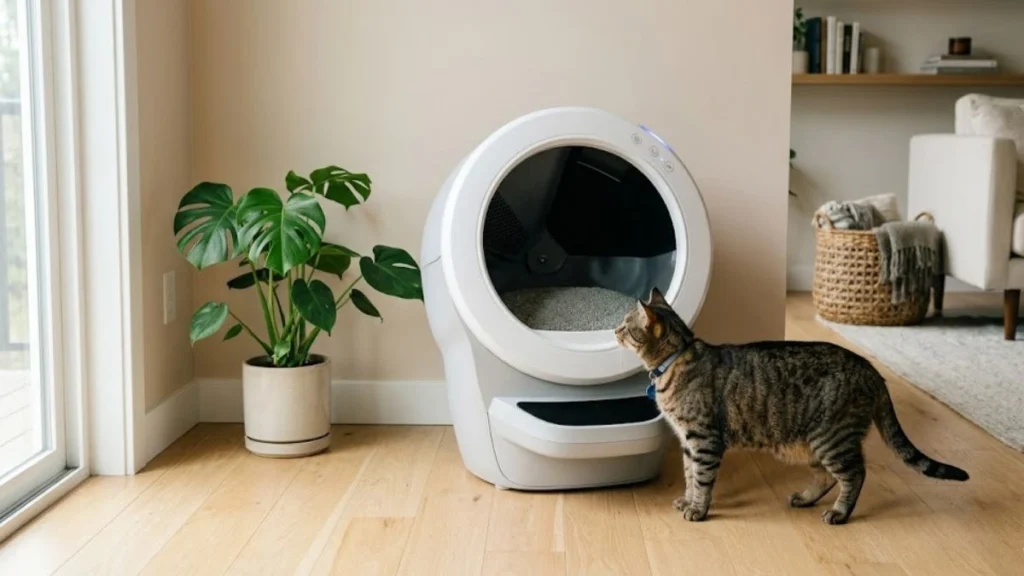 automatic litter box with cat demonstrating how the system works