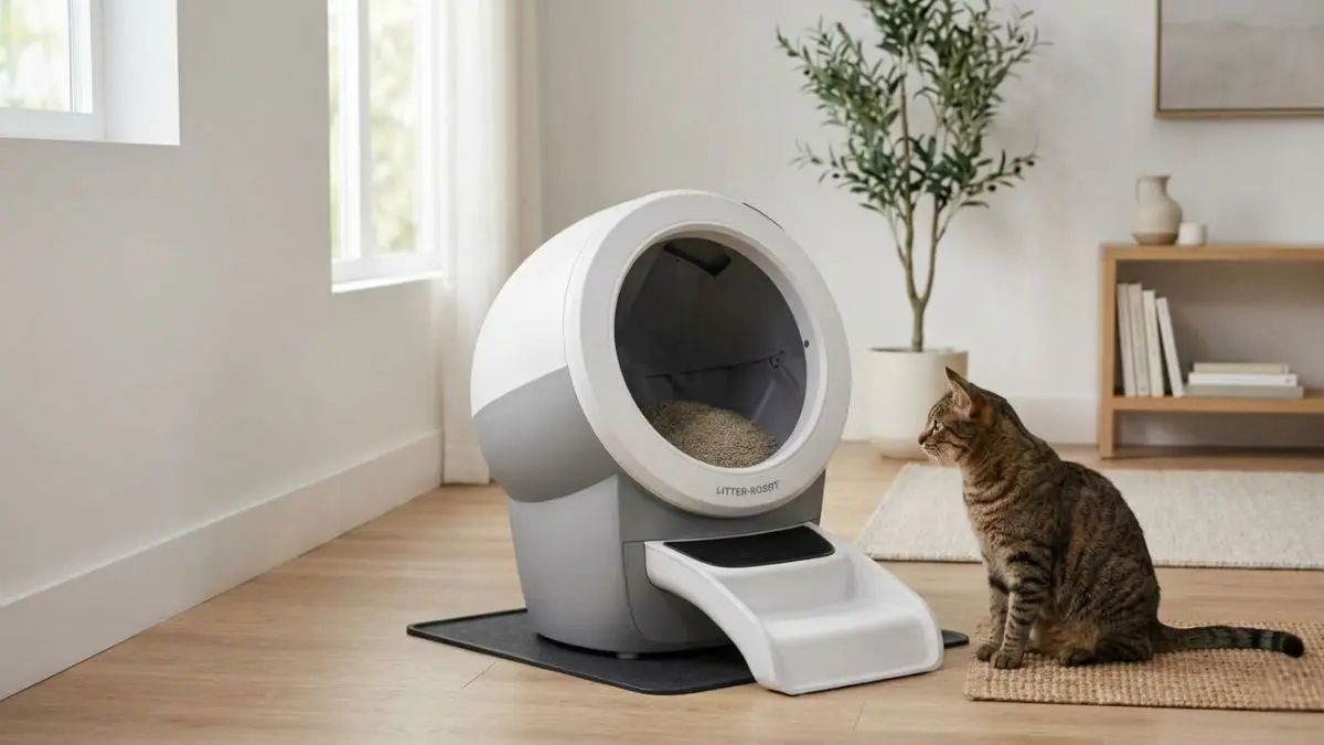 How Do Automatic Litter Boxes Work? Complete Guide to Self-Cleaning Systems (2026) 1 A realistic high-quality photo of a white and grey Litter-Robot 4 automatic litter box in a bright, modern living room. A tabby cat sits on a rug next to the device, observing it. The image shows the inner drum with clean litter, illustrating how self-cleaning systems function."
