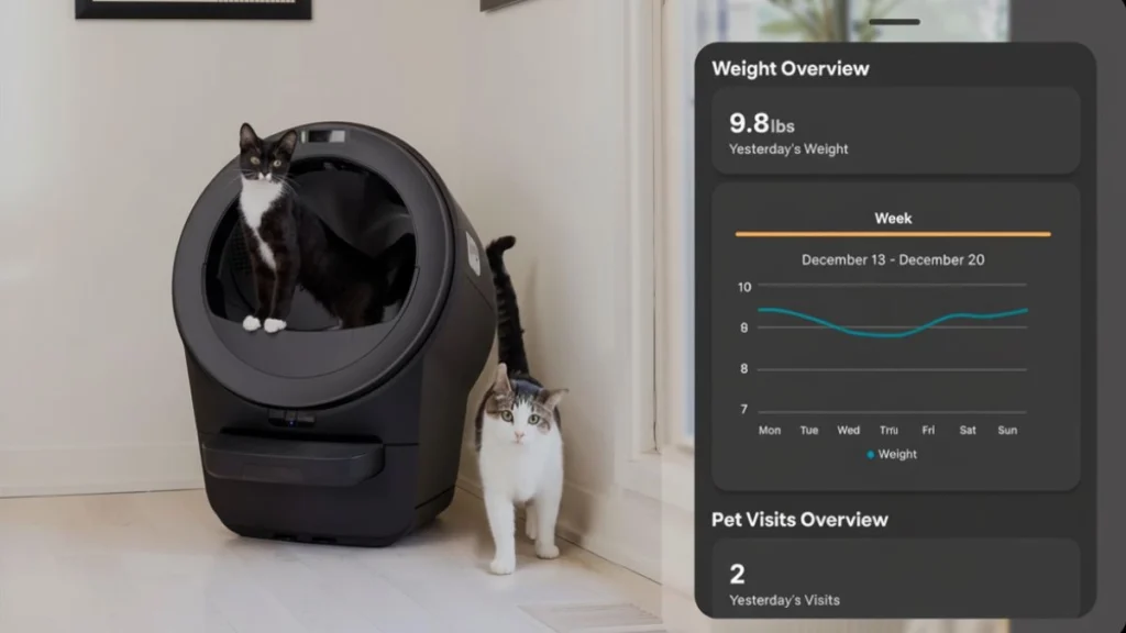 Litter-Robot 4 Review (2026): Is It Worth It or Overhyped? 4 Litter-Robot 4 with two cats and app dashboard showing weight tracking and usage monitoring features
