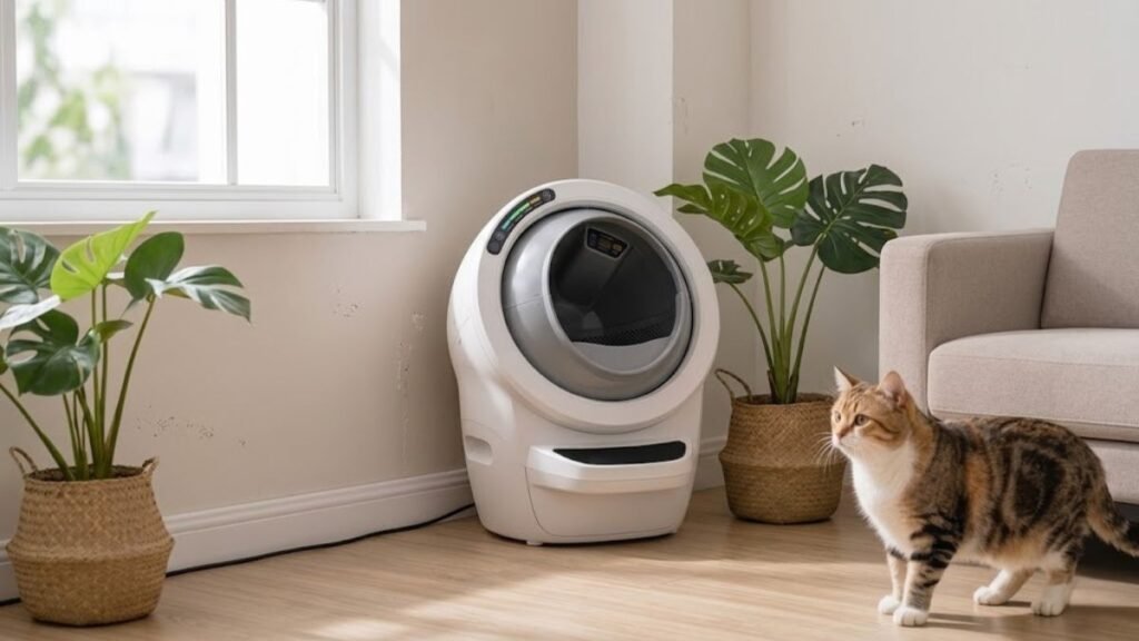 Best Automatic Litter Box for Multiple Cats (2026): Top Picks That Actually Handle Heavy Use 7 "A calico cat standing next to a white Litter-Robot 4 automatic self-cleaning litter box in a bright, modern living room with hardwood floors and potted plants."