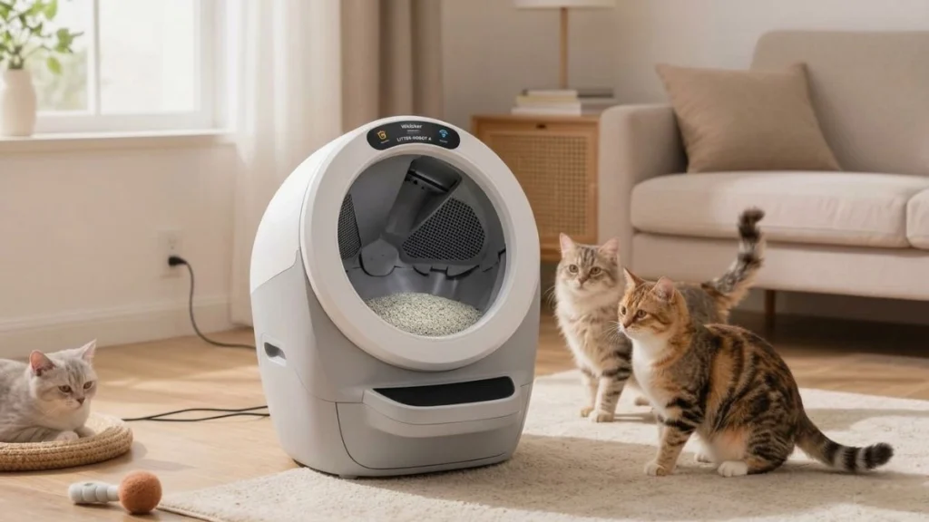 Best Automatic Litter Box for Multiple Cats (2026): Top Picks That Actually Handle Heavy Use 2 "Litter-Robot 4 automatic self-cleaning litter box in a modern living room with three cats: one tabby standing, one fluffy cat behind it, and one grey cat resting on a bed."