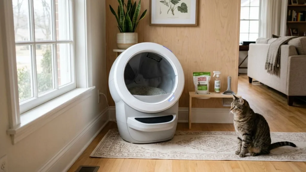 Litter-Robot 4 automatic litter box in a real home with cat showing clean and odor-free setup