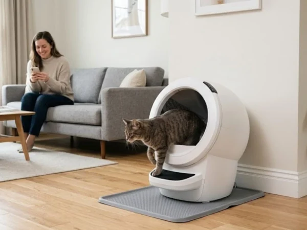 Litter-Robot 4 in a modern living room with a cat exiting the automatic litter box while owner relaxes on sofa