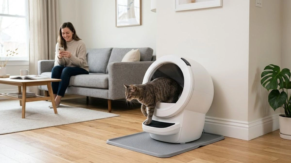 Litter-Robot 4 Review (2026): Is It Worth It or Overhyped? 1 Litter-Robot 4 in a modern living room with a cat exiting the automatic litter box while owner relaxes on sofa
