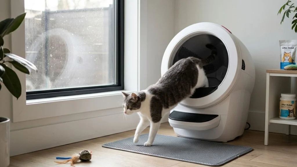 cat using Litter-Robot 4 automatic litter box in a real home environment