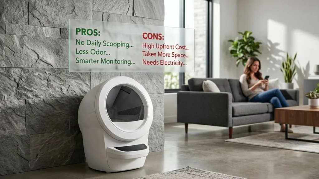 Litter-Robot 4 Review (2026): Is It Worth It or Overhyped? 5 Professional lifestyle shot of a white Litter-Robot 4 against a stone accent wall in a modern apartment, featuring a transparent infographic overlay listing the pros and cons of the automatic litter box.