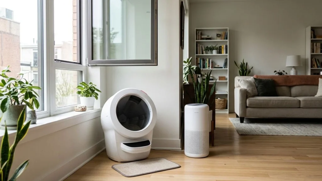 Litter-Robot 4 near window with air purifier showing proper ventilation and odor control