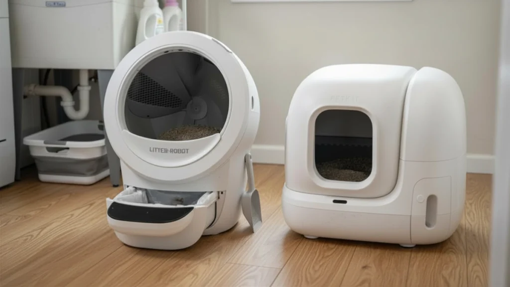 Litter-Robot 4 vs Other Automatic Litter Boxes (2026): Which One Is Actually Worth It? 4 Litter-Robot 4 vs PETKIT Pura Max 2 cleaning and maintenance comparison with waste drawer and litter inside