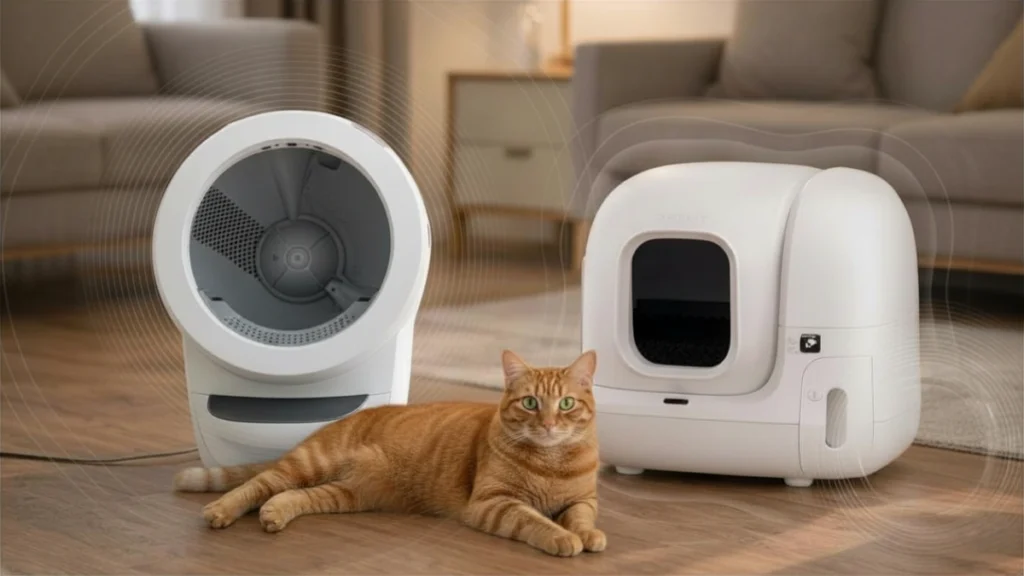 Litter-Robot 4 vs Other Automatic Litter Boxes (2026): Which One Is Actually Worth It? 3 Litter-Robot 4 vs PETKIT Pura Max 2 noise level comparison with cat in real home environment