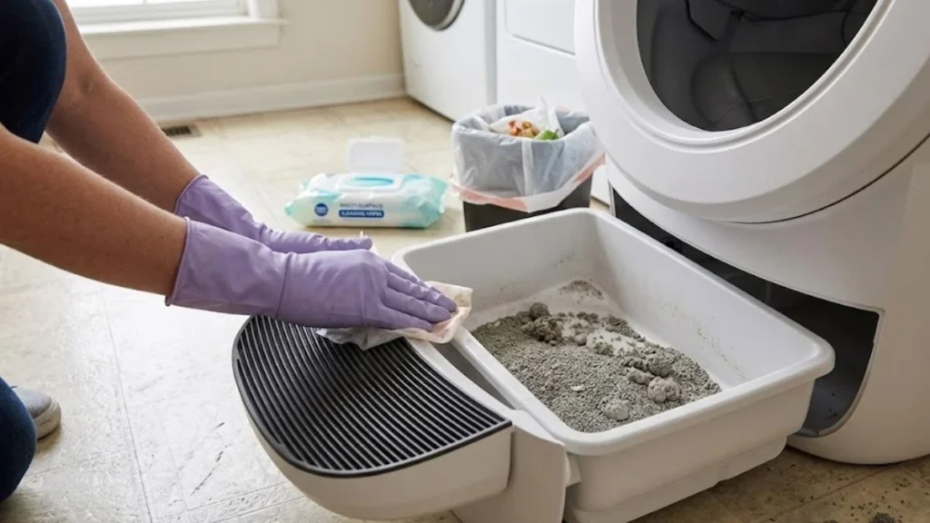 cleaning Litter-Robot 4 waste drawer with moderate buildup causing odor