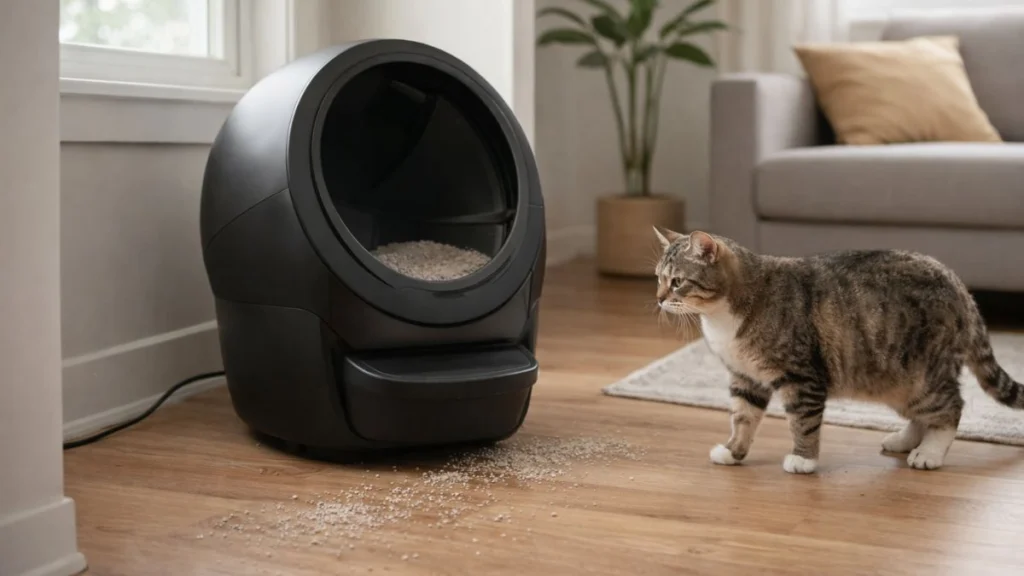 Litter-Robot 4 with light litter tracking on floor showing common everyday issue