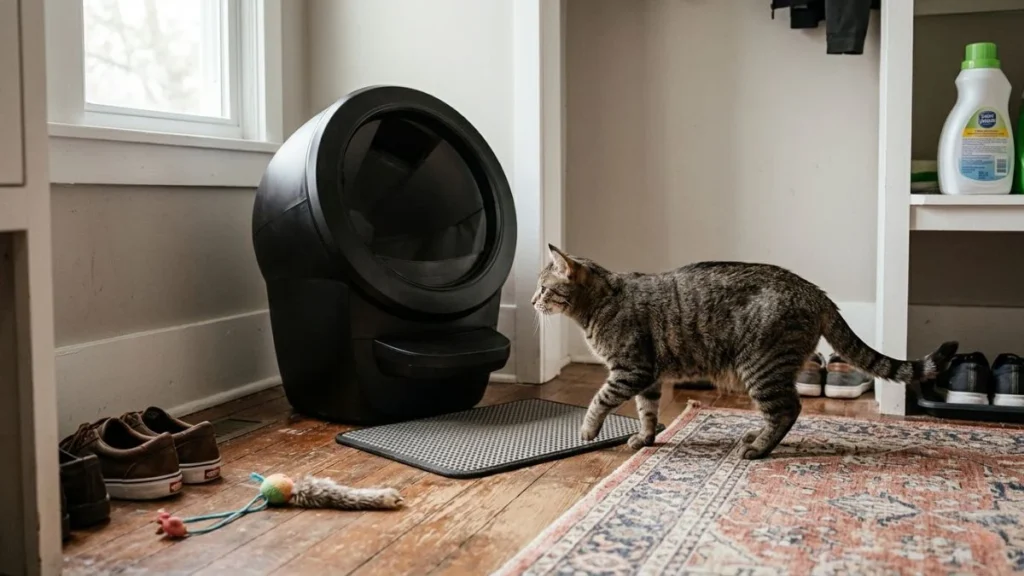 cat approaching Litter-Robot 4 in a real home environment showing everyday use