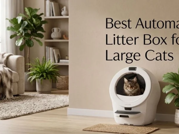 "A Maine Coon cat sitting inside a modern white automatic litter box in a cozy living room. On the right side, the text reads 'Best Automatic Litter Box for Large Cats'. The scene includes indoor plants, a beige sofa, and natural sunlight."