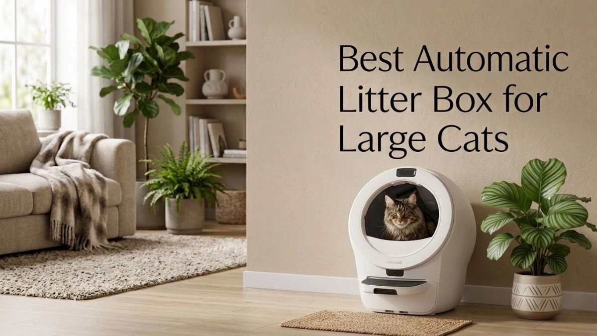 Best Automatic Litter Box for Large Cats (2026): Top Picks That Actually Fit Big Breeds 1 "A Maine Coon cat sitting inside a modern white automatic litter box in a cozy living room. On the right side, the text reads 'Best Automatic Litter Box for Large Cats'. The scene includes indoor plants, a beige sofa, and natural sunlight."