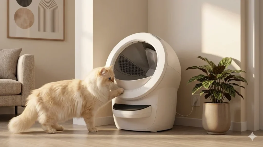 Best Automatic Litter Box for Large Cats (2026): Top Picks That Actually Fit Big Breeds 8 "A fluffy cream-colored cat with its paw resting on the edge of a modern white automatic litter box, looking inside with curiosity. The device is placed in a corner of a well-lit living room with light wood floors. A green potted plant and a beige sofa are visible in the background, creating a cozy and clean atmosphere."