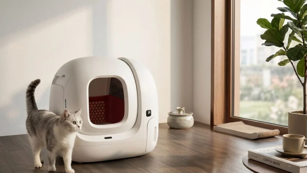 Tired of Smelly Litter Boxes? 3 Models That Actually Fix It (2026) 4 petkit pura max automatic litter box in a modern home with a cat nearby