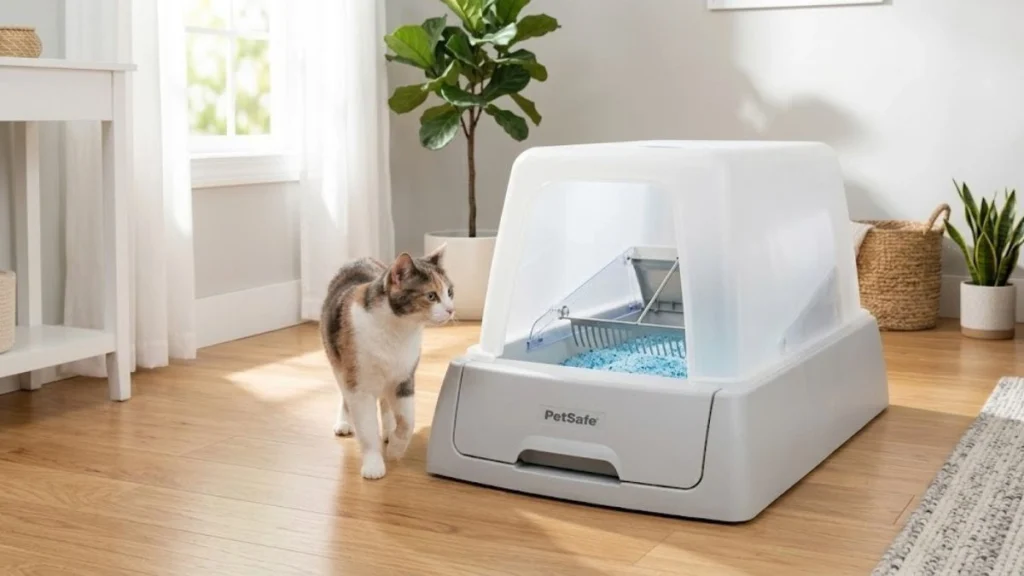 Tired of Smelly Litter Boxes? 3 Models That Actually Fix It (2026) 3 petsafe scoopfree automatic litter box with crystal litter and cat in a clean home