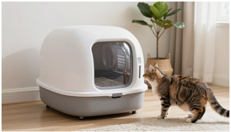 How Do Automatic Litter Boxes Work? Complete Guide to Self-Cleaning Systems (2026) 4 A sleek, modern white and grey automatic cat litter box with a transparent front window, positioned on a wooden floor. A tabby cat stands on a light-colored rug, looking curiously at the entrance of the device."