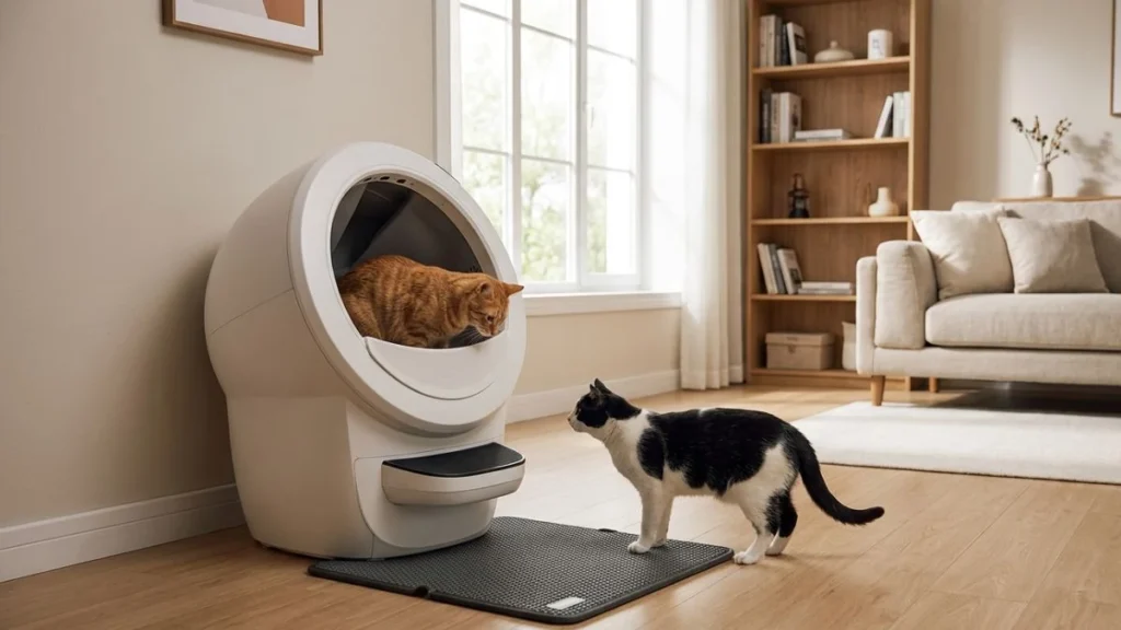 Best Automatic Litter Box for Large Cats (2026): Top Picks That Actually Fit Big Breeds 2 "An orange tabby cat is sitting inside a white self-cleaning automatic litter box, looking down. Outside, a black and white tuxedo cat stands on a grey litter mat, looking up at the other cat with curiosity. The setting is a bright, modern living room with wood floors, a large window, a bookshelf, and a sofa."