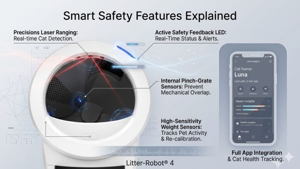 Smart safety features of Litter-Robot 4 including laser detection, weight sensors, pinch sensors and app integration