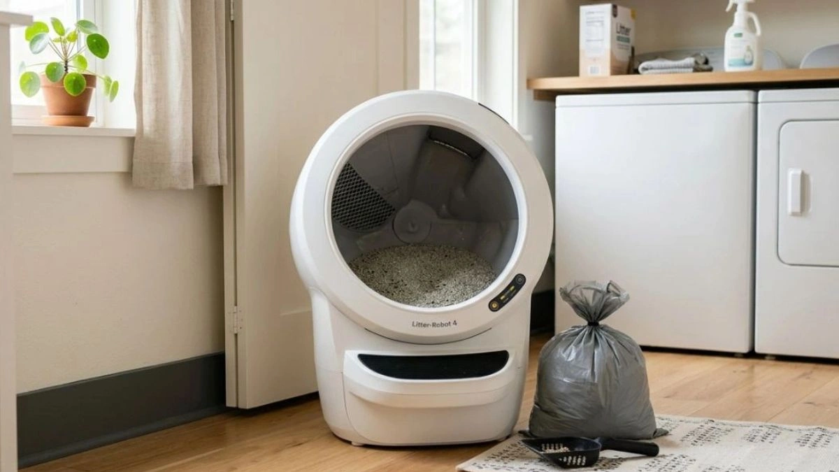 automatic litter box cleaning routine with waste bag and scoop in laundry room