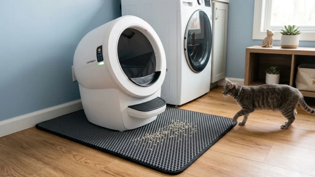 automatic litter box with litter mat trapping scattered litter to reduce tracking and odor