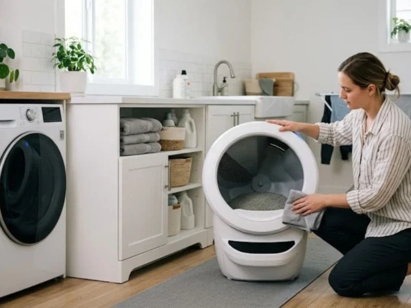 person cleaning automatic litter box in modern home maintenance routine