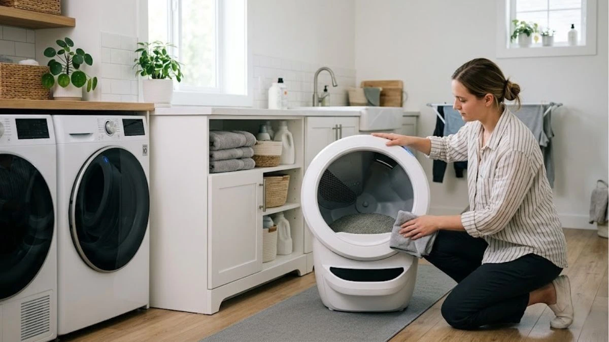 person cleaning automatic litter box in modern home maintenance routine