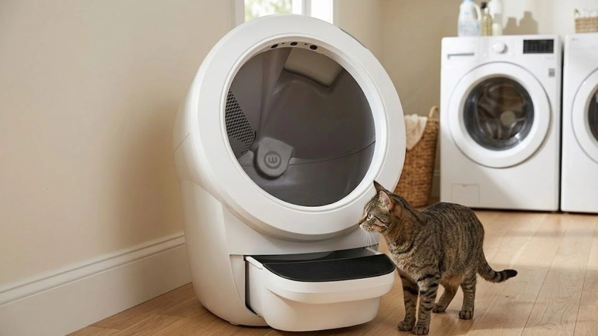 automatic litter box in a real home setting with a cat next to it