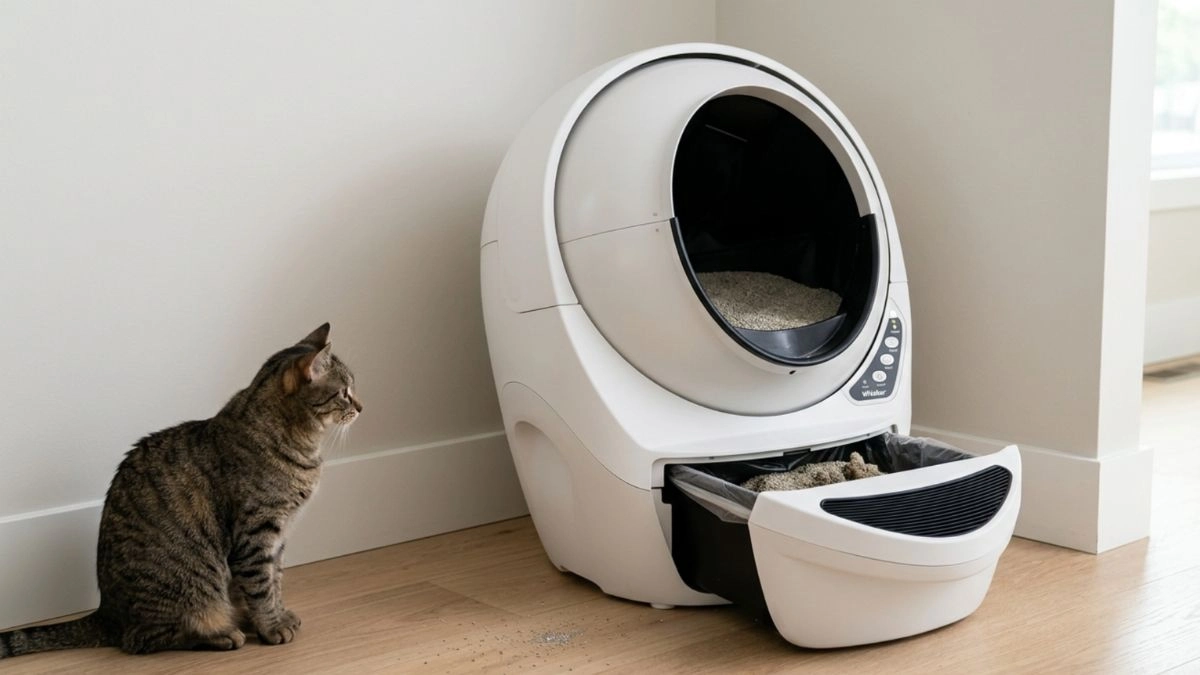 automatic litter box with open waste drawer causing cleaning issue