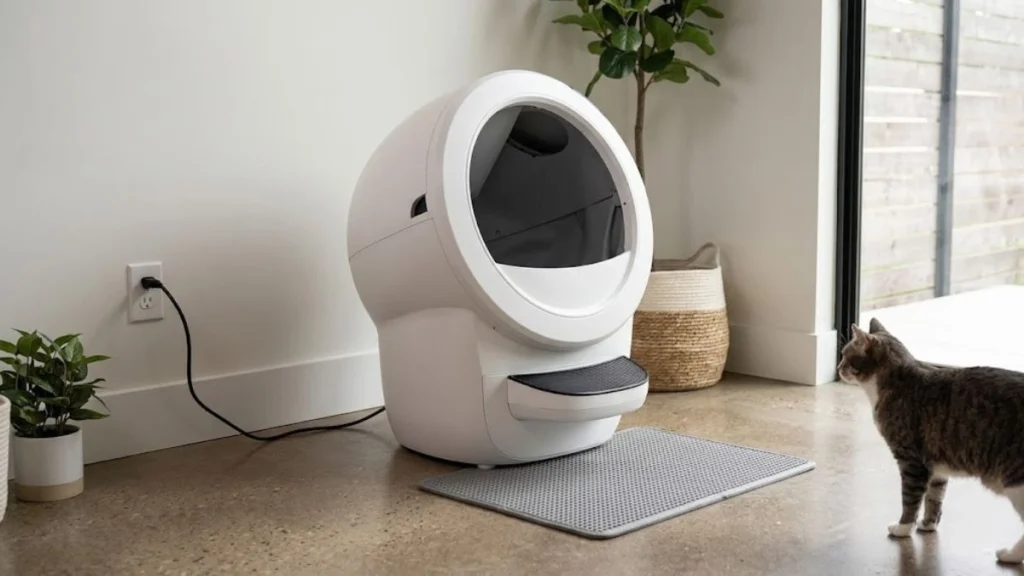 automatic litter box placed on proper flooring with mat and safe power cable setup in a home environment