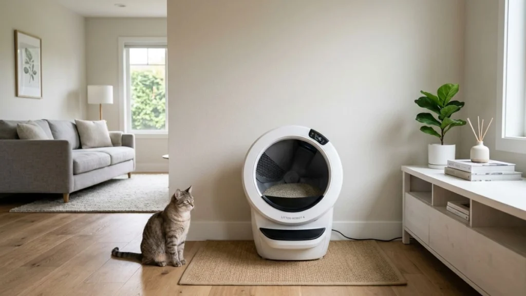 proper placement of automatic litter box in a clean and ventilated home environment to prevent odor and stress