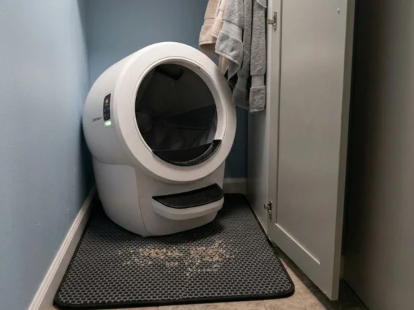 automatic litter box placed in a tight space with poor ventilation causing potential odor and tracking issues